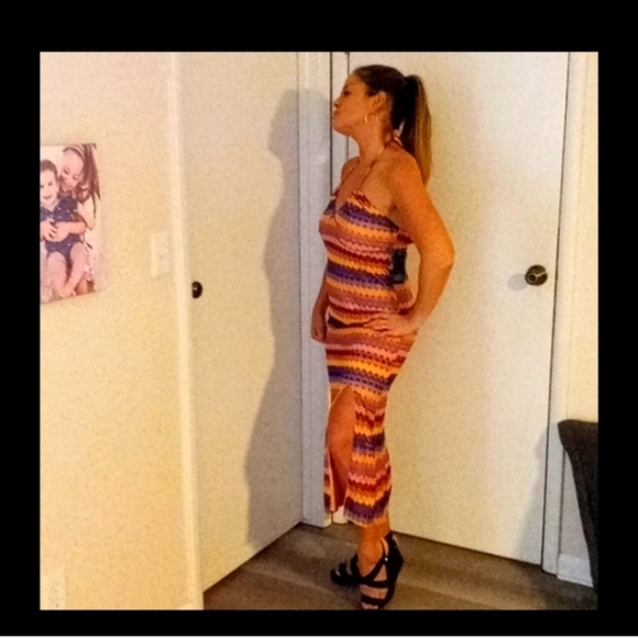 NWT,Multi-colored,Crocheted,Maxi Dress with Deep,Leg Flattering Side Slit Detail - Picture 1 of 15